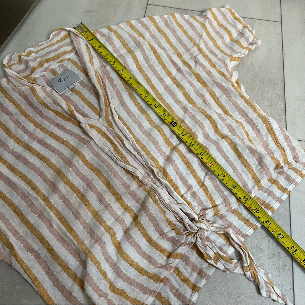 Rails Cream and Tan Striped Tie-Front linen‎ Blouse v-neck size S - Picture 10 of 11